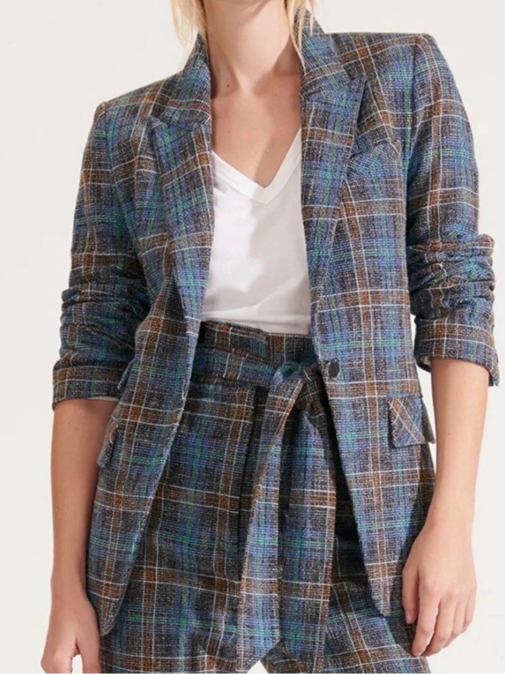 VERONICA BEARD Dickey Blue Plaid MARTEL Ruched Slv Cotton Linen Blazer Jacket 8